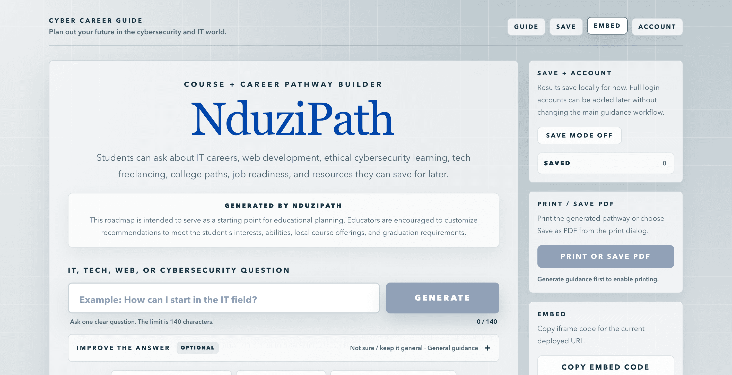 NduziPath app interface with a course and career pathway builder, generated guidance, save tools, and PDF actions