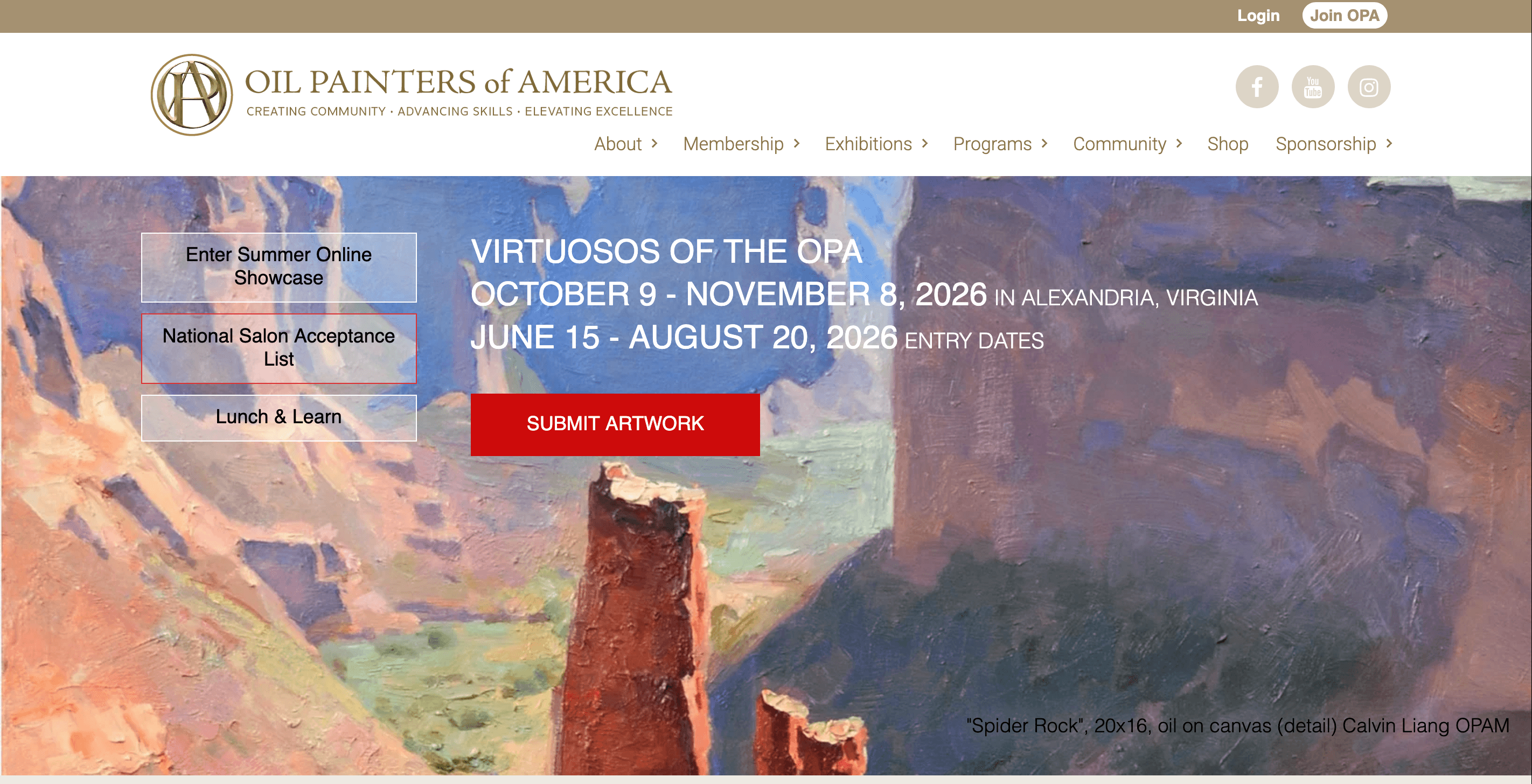 Oil Painters of America homepage showing exhibitions, navigation, and artwork submission calls to action