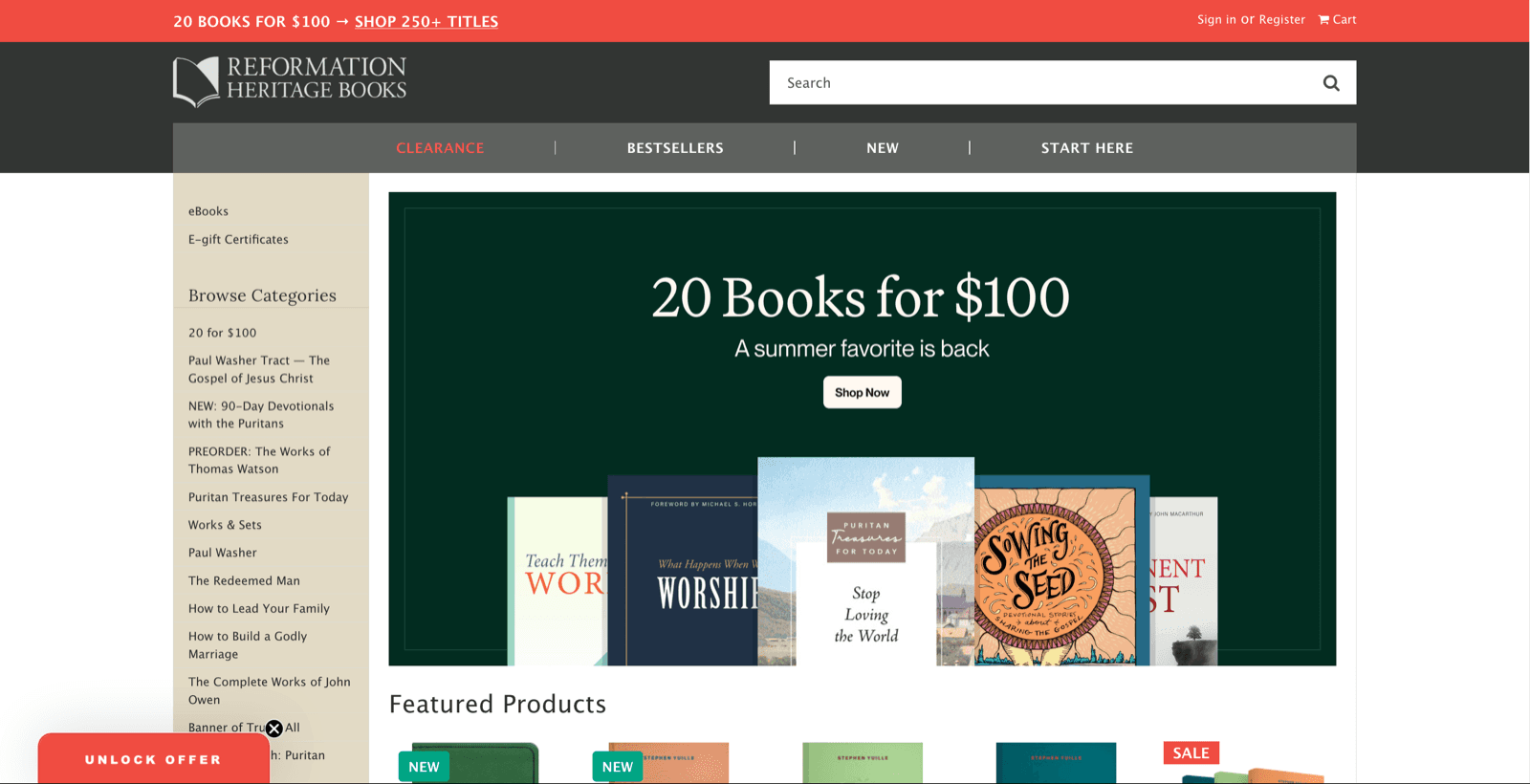 Reformation Heritage Books homepage showing the bookstore navigation, category menu, and featured book promotion