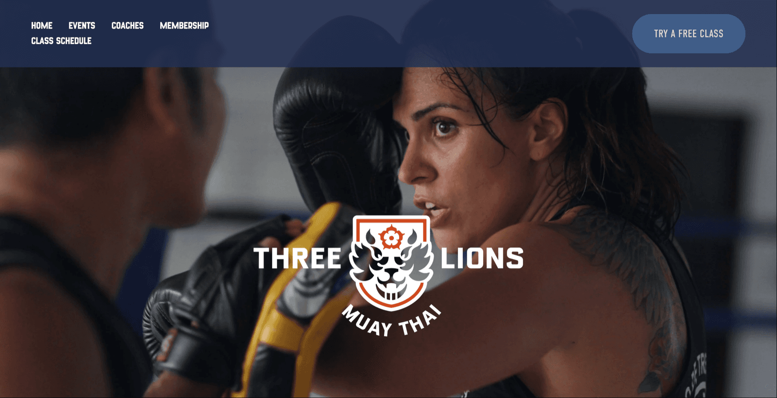 Three Lions Muay Thai homepage showing the gym's hero section and free-class call to action